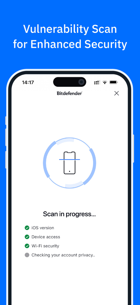 Bitdefender Mobile Security - Bitdefenderモバイルセキュリティアプリのインターフェース。iPhoneで脆弱性スキャンが進行中であることを示しています。
