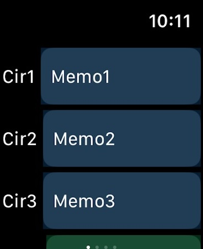 Color Watch Memo - Apple Watch screen showing a list of circular memo complications with custom text entries labeled Memo1 to Memo3