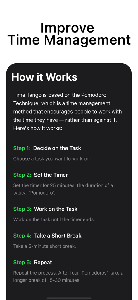 Pomodoro Timer : Study & Work - An informational screen explaining the five steps of the Pomodoro Technique within the Time Tango app