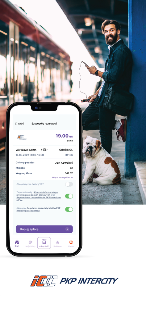 Aplicativo móvel mPay exibindo uma reserva de passagem de trem para PKP Intercity na Polônia