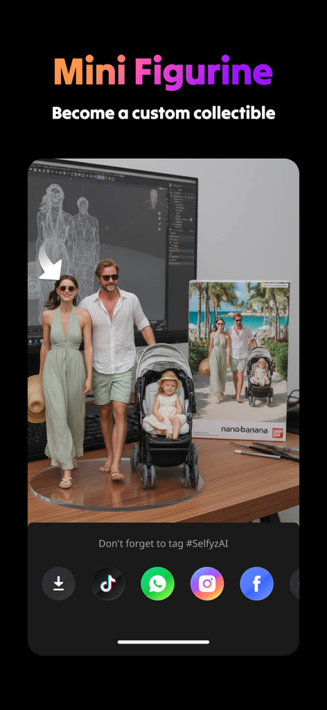 Efecto de figurilla miniatura generado por IA mostrando una foto familiar como un coleccionable 3D personalizado