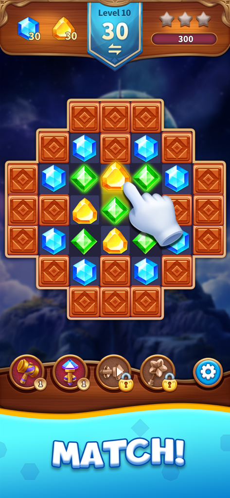 Jewels Adventure Match Blast - Gameplay screenshot of Jewels Adventure Match Blast showing a puzzle grid with colorful jewels and a tutorial hand