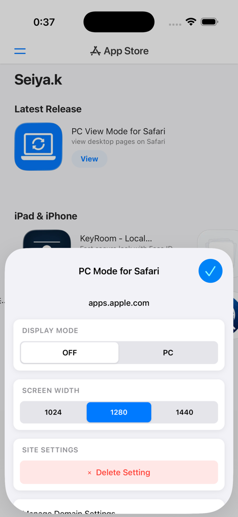 PC View Mode for Safari - Interface of the PC View Mode for Safari extension showing desktop screen width settings on an iPhone