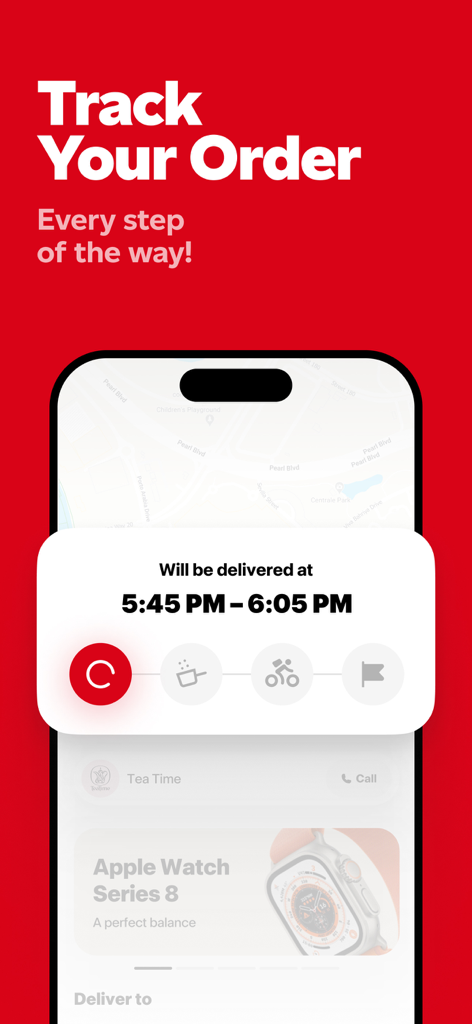Snoonu mobile app interface showing real-time delivery tracking with estimated arrival time and order progress icons.