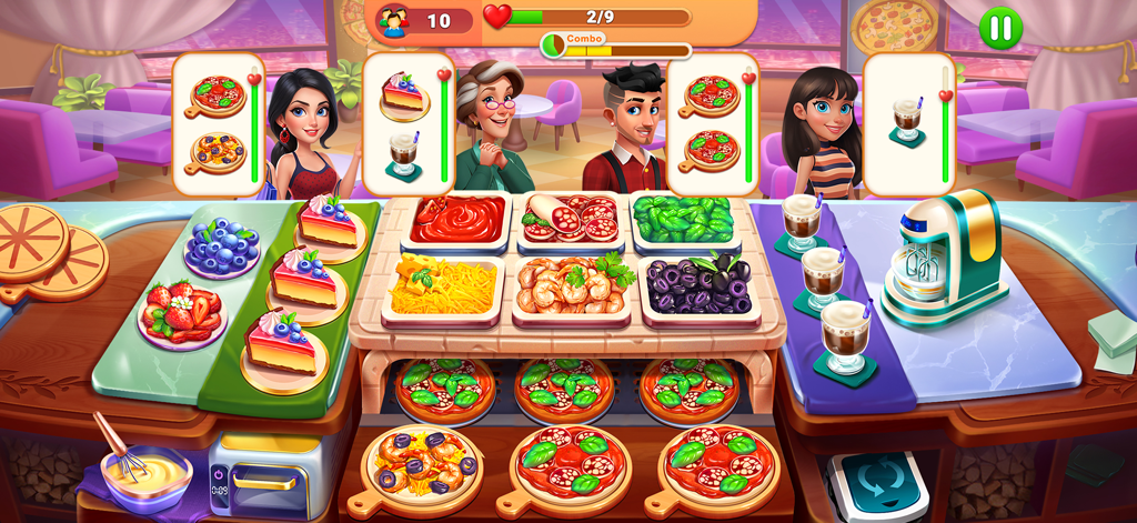 Captura de tela da jogabilidade do Chef Festival mostrando uma cozinha colorida com clientes pedindo pizza e bolos