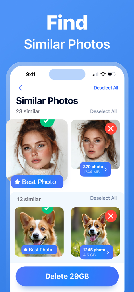 Cleanup Storage Pro - Pantalla de la aplicación Cleanup Storage Pro mostrando fotos similares de una mujer y un perro identificadas para su eliminación y liberar 29 GB de espacio