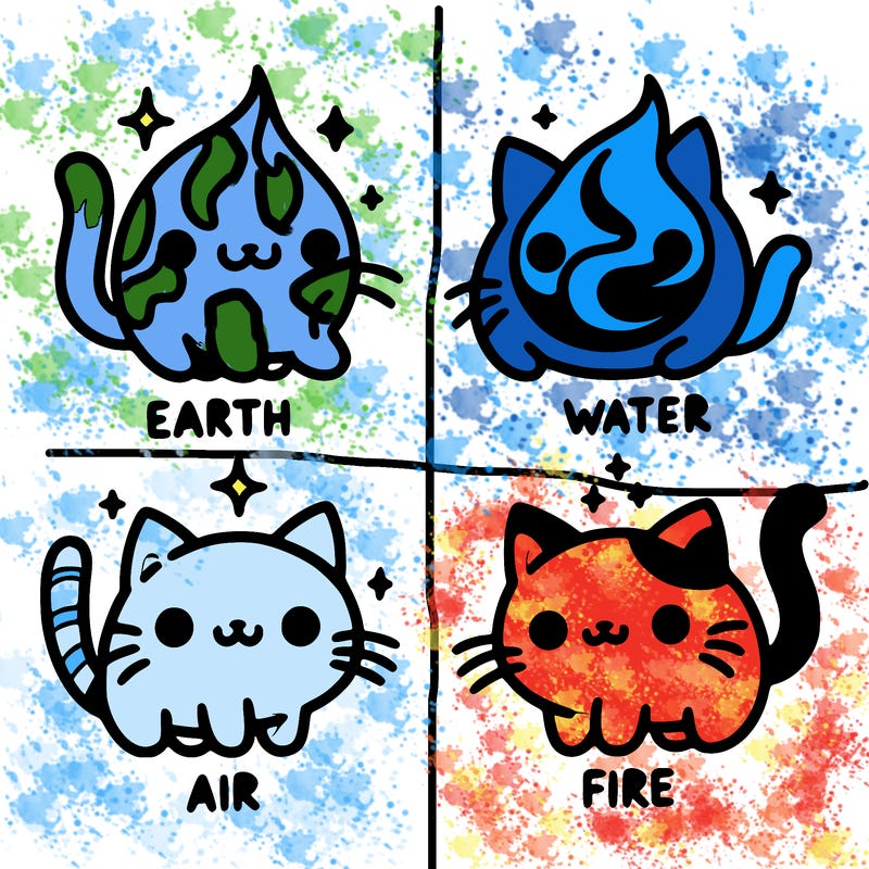 4 cats that represent the different elements, earth, water, air, and fire
