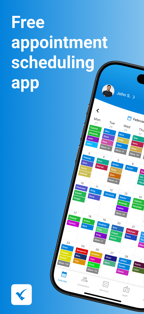 SetTime Appointment Scheduler - SetTime app mobile interface showing a monthly calendar view with color-coded appointments