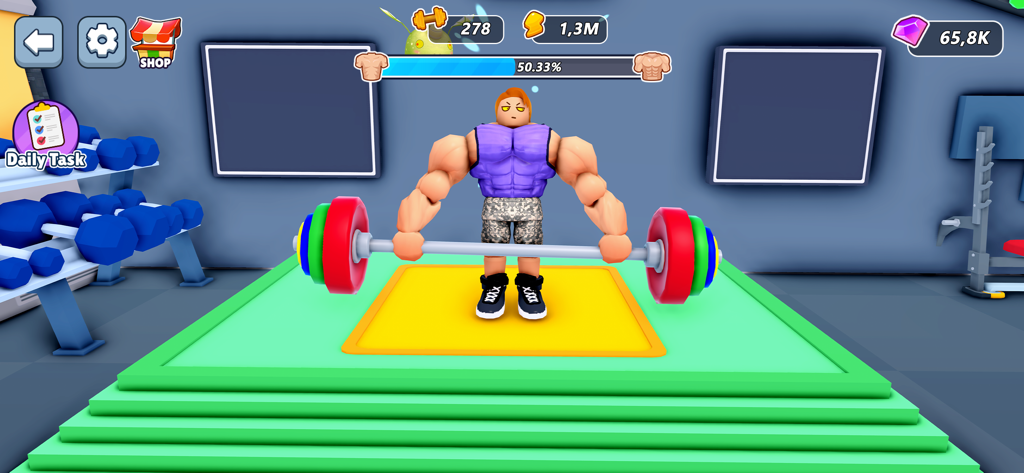 Gym King Pro Idle Clicker Game - A muscular avatar lifting a heavy barbell in Gym King Pro Idle Clicker Game
