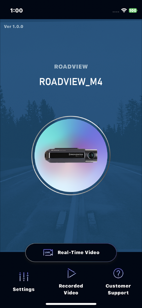 ROADVIEW - Home screen of the ROADVIEW app for the M4 dash cam featuring real-time video access and device settings