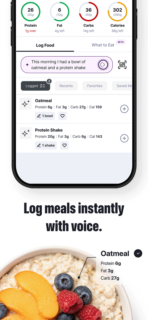 Fuelin performance nutrition app showing AI voice meal logging and macro tracking