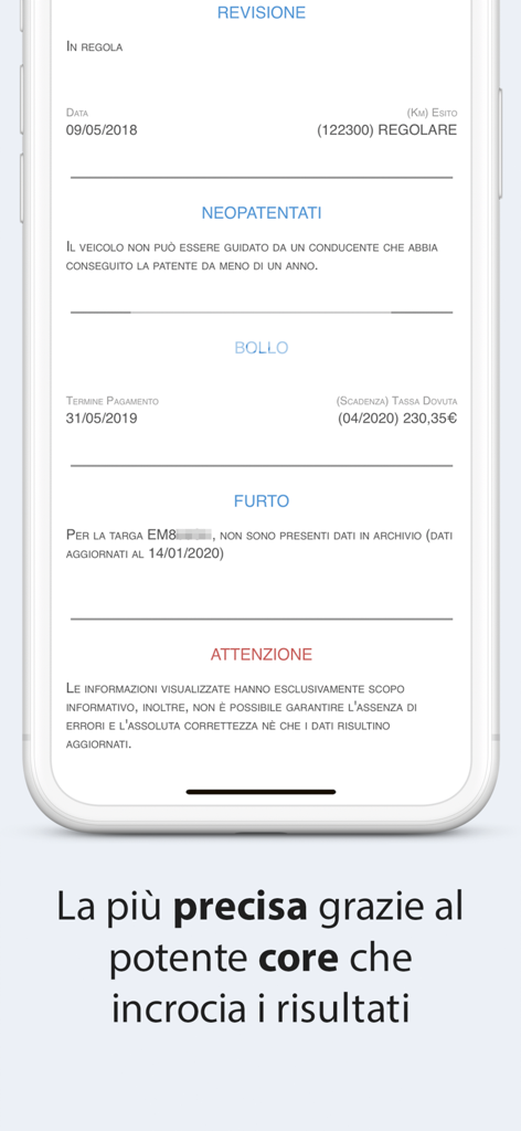 Targa Scan - Smartphone screen showing Targa Scan app with detailed vehicle information including inspection tax and theft status