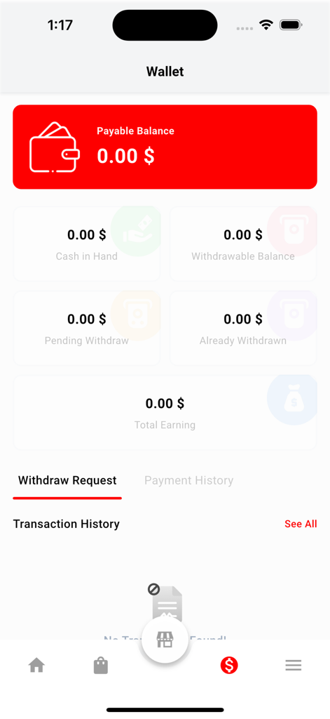 Mazoneat Restaurant - The wallet dashboard of the Mazoneat Restaurant app displaying payable balance and total earnings