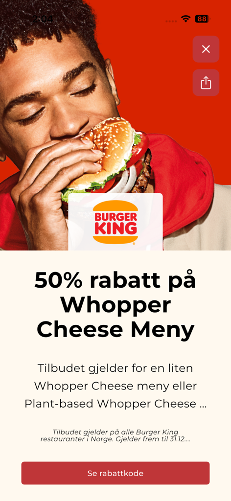 Studentpakken - A mobile app screen for Studentpakken showing a 50 percent discount on a Burger King Whopper Cheese meal.