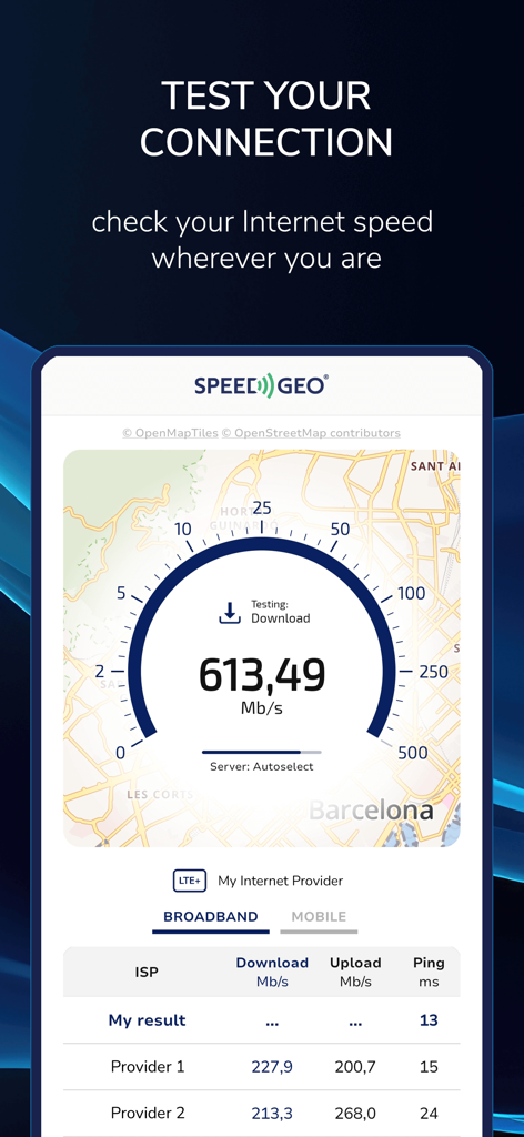 Speed Test by SPEEDGEO app interface showing download speed results and broadband provider comparison on a map