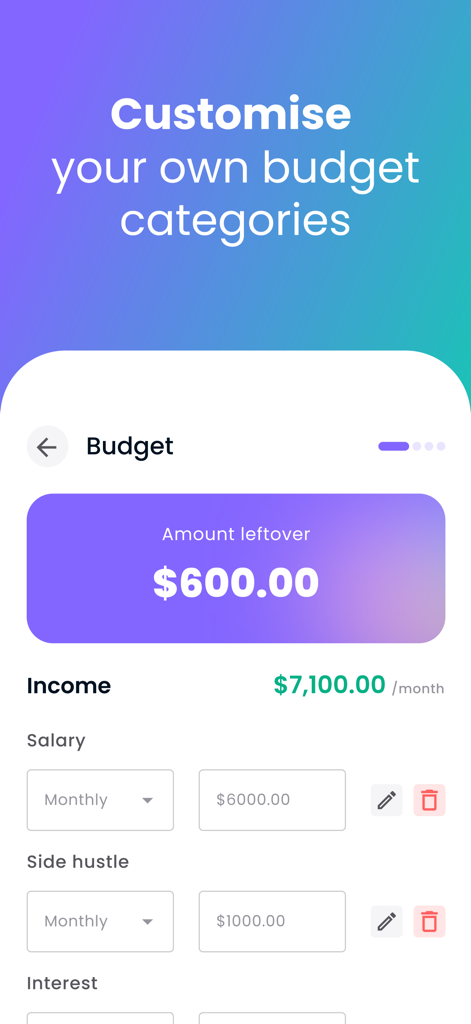 Billroo: Budget & Finance - Billroo app screen for customizing budget categories and tracking monthly income from salary and side hustles