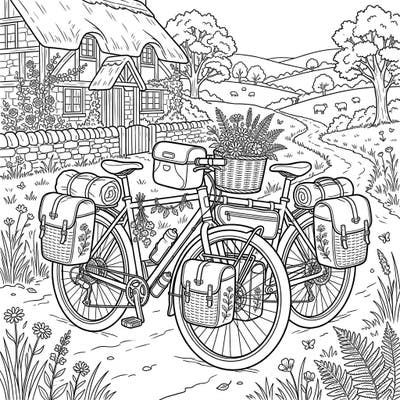 Escape to a serene countryside with this delightful coloring page featuring two touring bicycles adorned with flowers, set against a charming cottagecore backdrop. Perfect for those who love the peace of nature and the adventure of cycling.