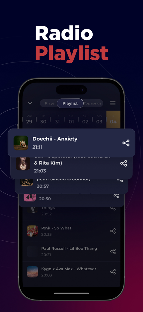 Australia Radio App Live DAB - A screenshot of the Australia Radio App showing the playlist feature with a chronological list of recently played songs and timestamps on a mobile device.