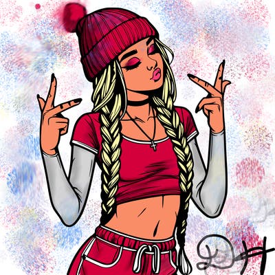 realistic teenage girl with braids and a beanie and crop top doing 🫶🏼