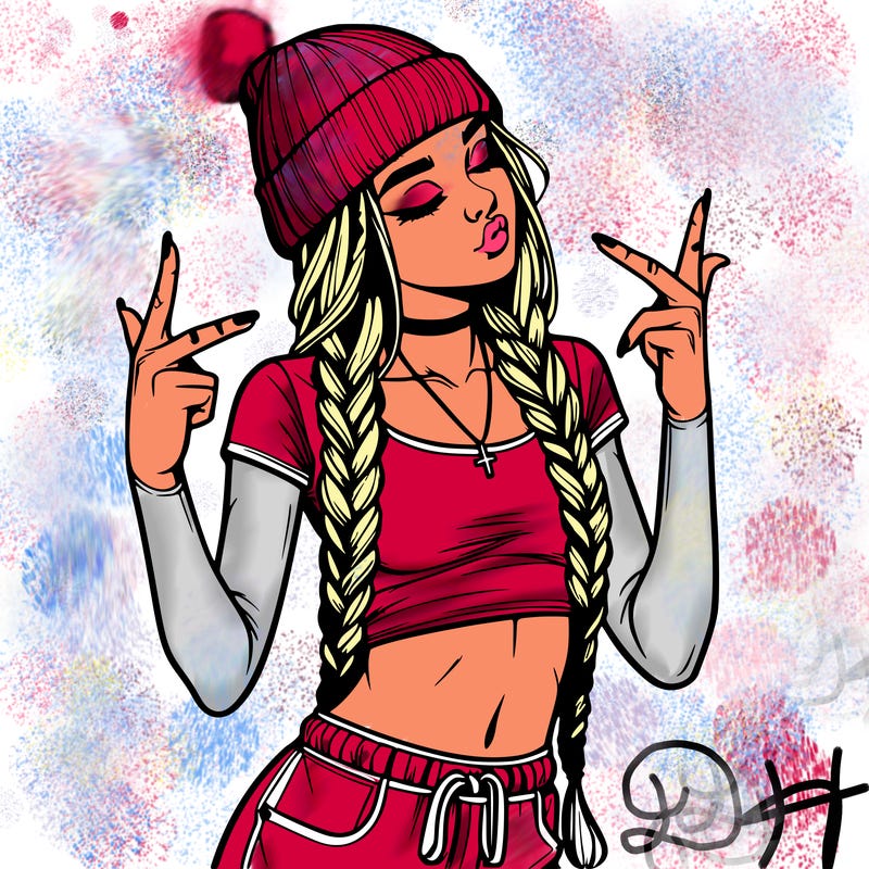 realistic teenage girl with braids and a beanie and crop top doing 🫶🏼