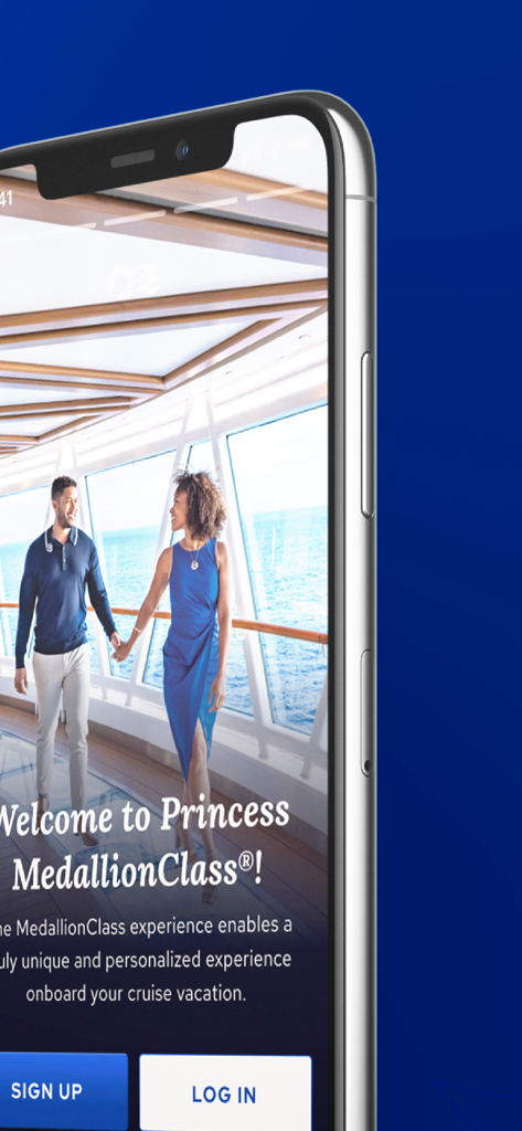 Princess Cruises - Schermata di accesso all'app Princess Cruises MedallionClass che mostra una coppia su un ponte della crociera