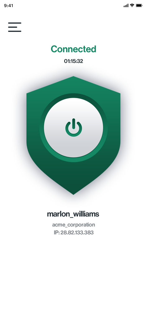 Interfaz de la aplicación Cato Client que muestra un estado de conexión exitoso con un icono de escudo de seguridad verde