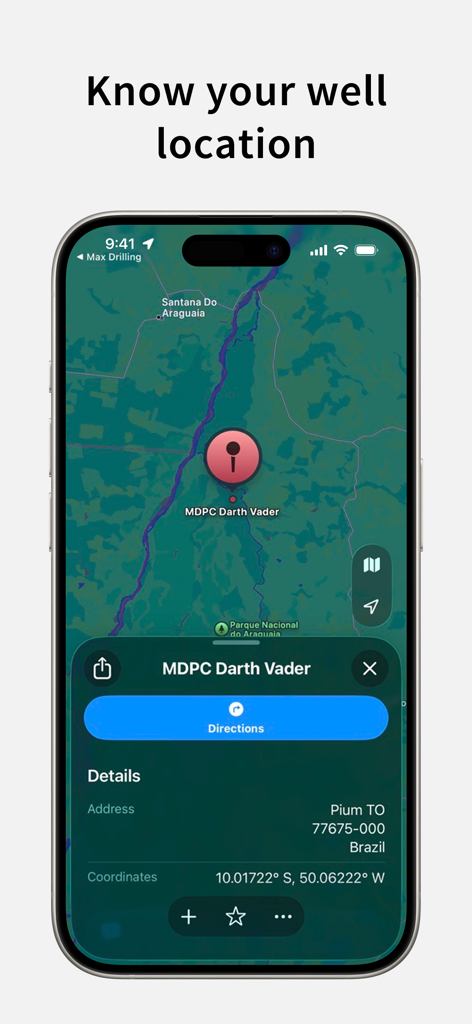 Max Drilling - Vista de mapa de la ubicación de un pozo con coordenadas GPS y direcciones en la aplicación Max Drilling