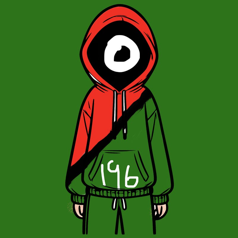 faceless girl in a tracksuit with a hood on and no hair