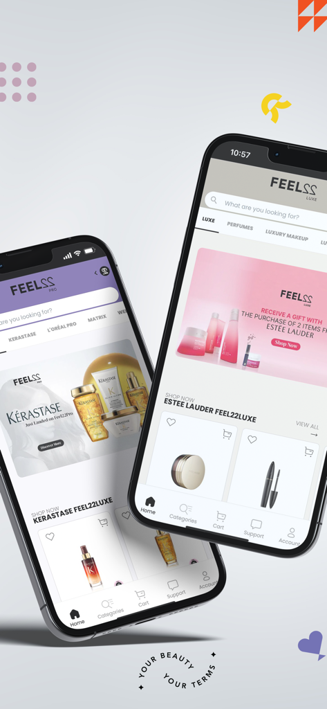 Due smartphone che mostrano le categorie di prodotti di lusso e professionali dell'app di bellezza Feel22