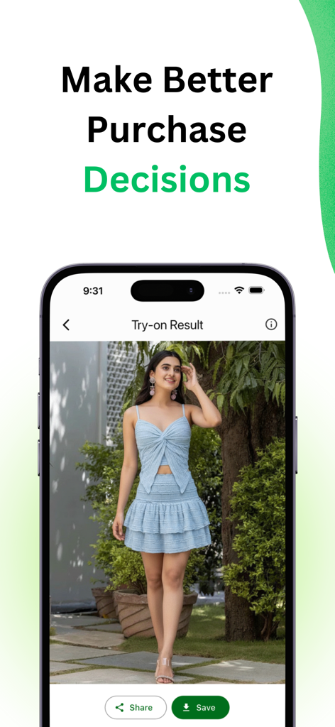 TryOn AI - try on any outfit - Mobile app screen showing a virtual try on result of a woman wearing a blue outfit with the text Make Better Purchase Decisions