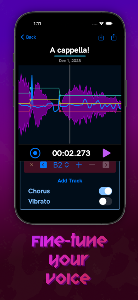 Harmonize Vocal Tuner - Interface de l'application Harmonize Vocal Tuner pour le réglage fin de la voix avec des contrôles de forme d'onde et de hauteur