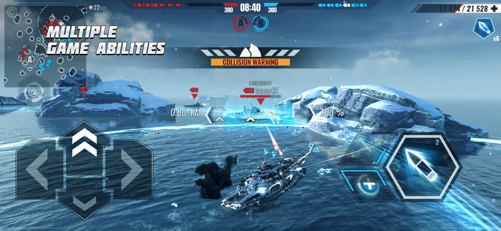 Pacific Warships: War Shooter - Futuristic naval combat in Pacific Warships showing multiple game abilities and energy shields
