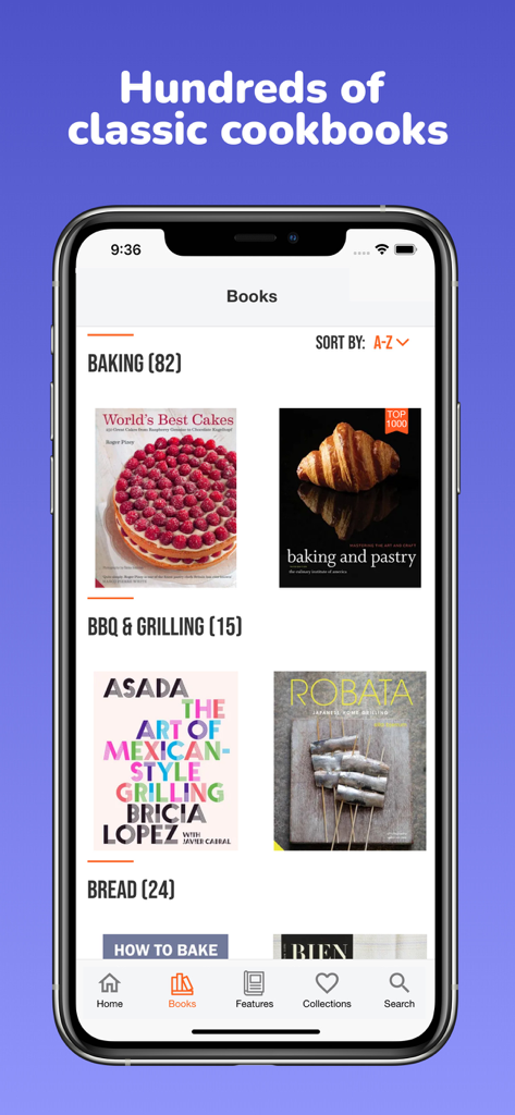 ckbk: discover great cookbooks - The ckbk app showing a digital library of classic cookbooks organized by culinary categories like baking and grilling