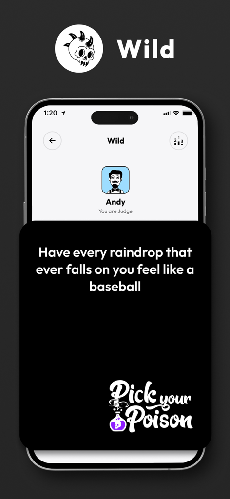 Pick Your Poison - Party Game - A smartphone screen showing a Would You Rather scenario card in the Pick Your Poison party game