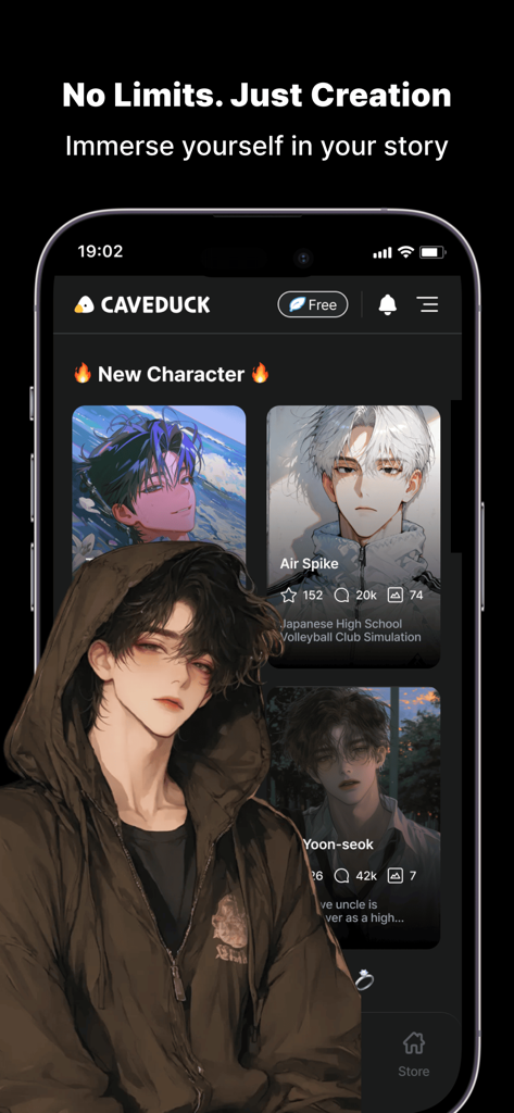 Caveduck-Meet Your AI Friends - Mobile app screen for Caveduck showing anime-style AI characters for immersive roleplay and storytelling