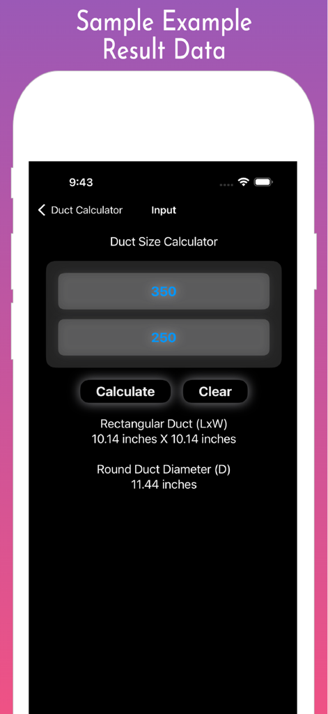 Duct Calculator Pro app interface showing calculation results for rectangular and round duct dimensions