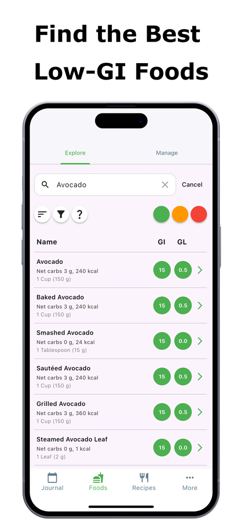 Glycemic Index & Load Tracker - Eine Suchoberfläche innerhalb der Glykämischer Index und Last Tracker App zeigt niedrige GI-Werte für verschiedene Avocadoarten.