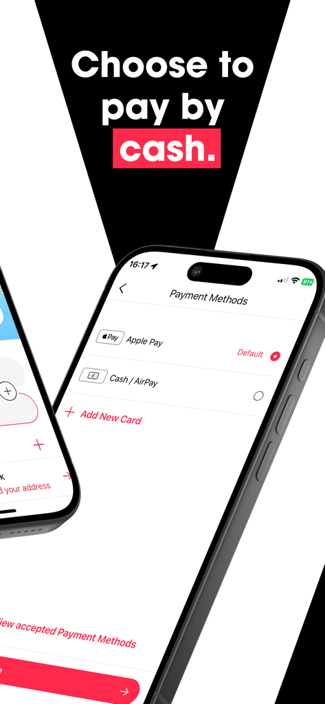 A smartphone showing the Veezu taxi app payment methods screen with options for Apple Pay and cash