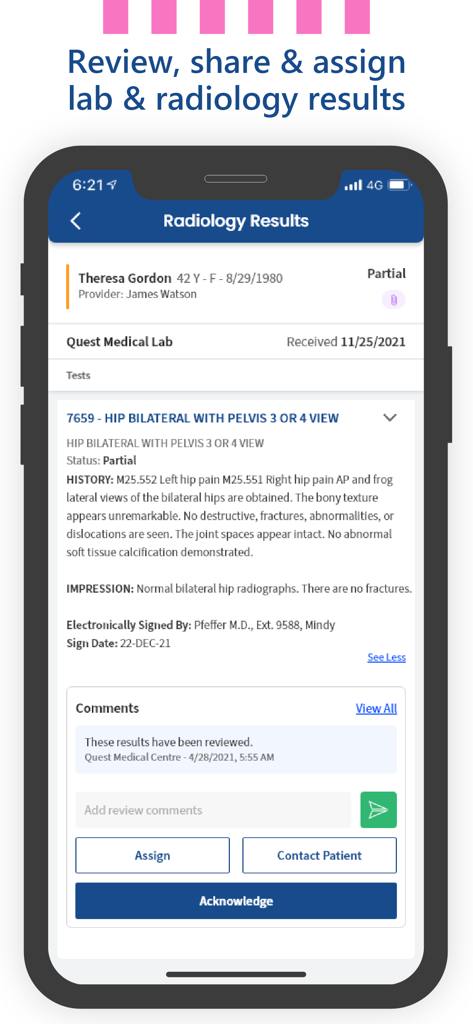 Avalon EMR - Avalon EMR app displaying radiology results for a patient with options to assign, contact patient, or acknowledge.
