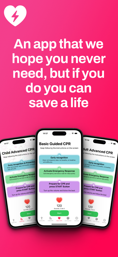 CPR Life Support:  Life Saver - CPR Life Support app interface showing step by step instructions for adult and child emergency resuscitation
