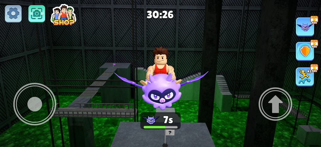 Monster Life: Lab Challenge - A Roblox style character riding a purple flying monster through a laboratory parkour obstacle course over green liquid.