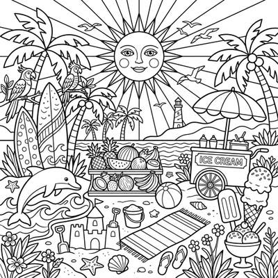 Dive into a cheerful summer day with this delightful coloring page featuring a smiling morning sun over a bustling beach scene. Kids will love bringing to life playful dolphins, towering sandcastles, delicious ice cream, and exotic tropical fruits.