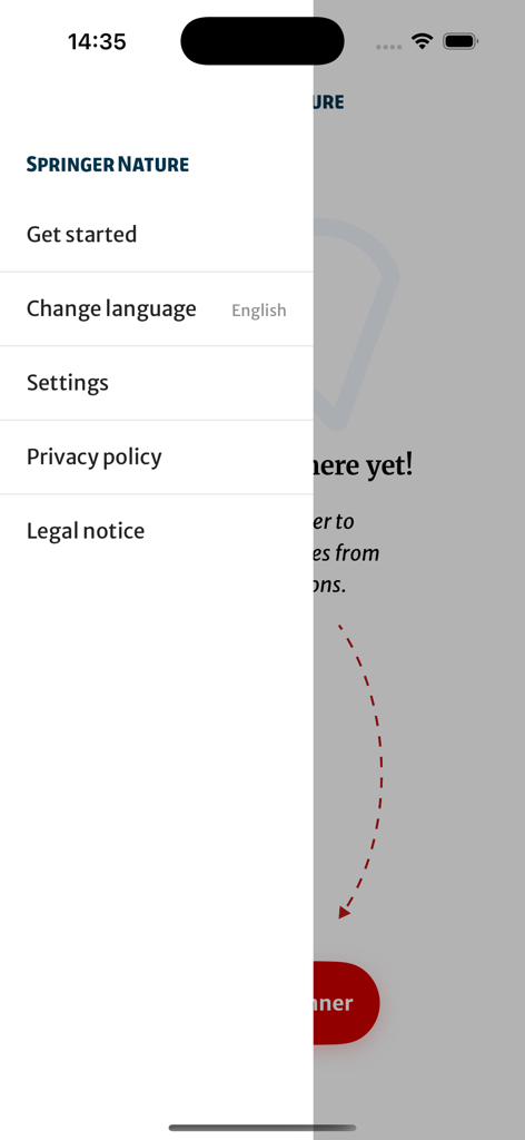 Navigation menu of the Springer Nature More Media app showing settings and language options