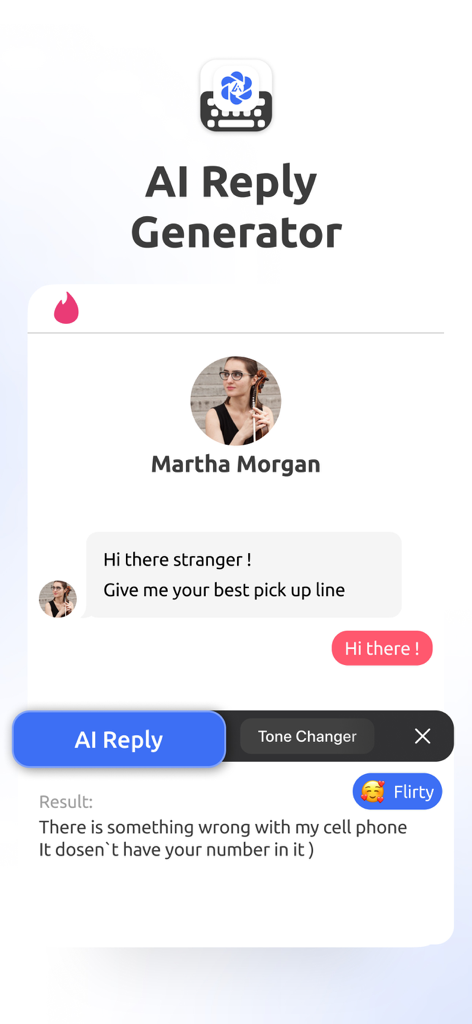 AI Keyboard Pro - Type & Write - AI Keyboard Pro interface showing an AI generated flirty response for a dating app conversation