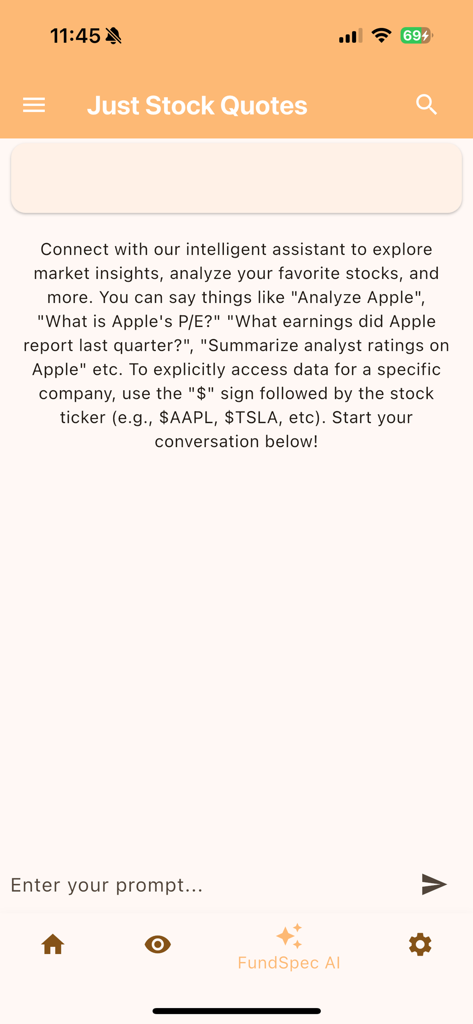Interface do assistente de análise de ações com IA para o aplicativo móvel Just Stock Quotes.
