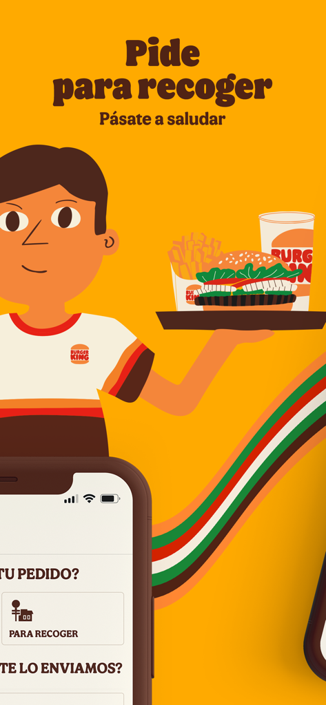 Burger King mobile app screen showing options for food pickup and delivery with branded illustrations