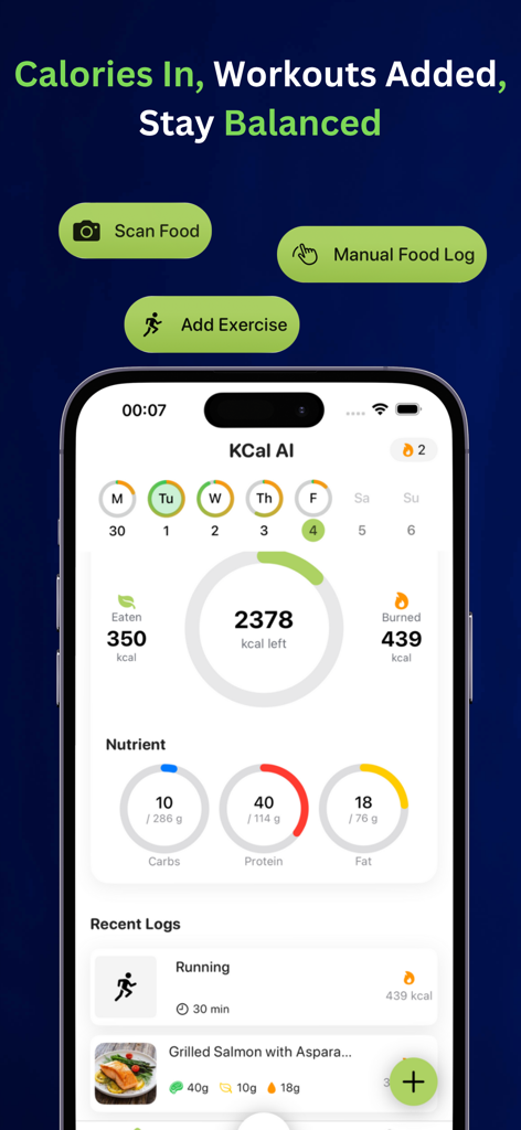 KCal - Calorie Tracker AI - Panel de la aplicación KCal IA que muestra el balance calórico diario, el progreso de macronutrientes y los registros de alimentos y ejercicios integrados