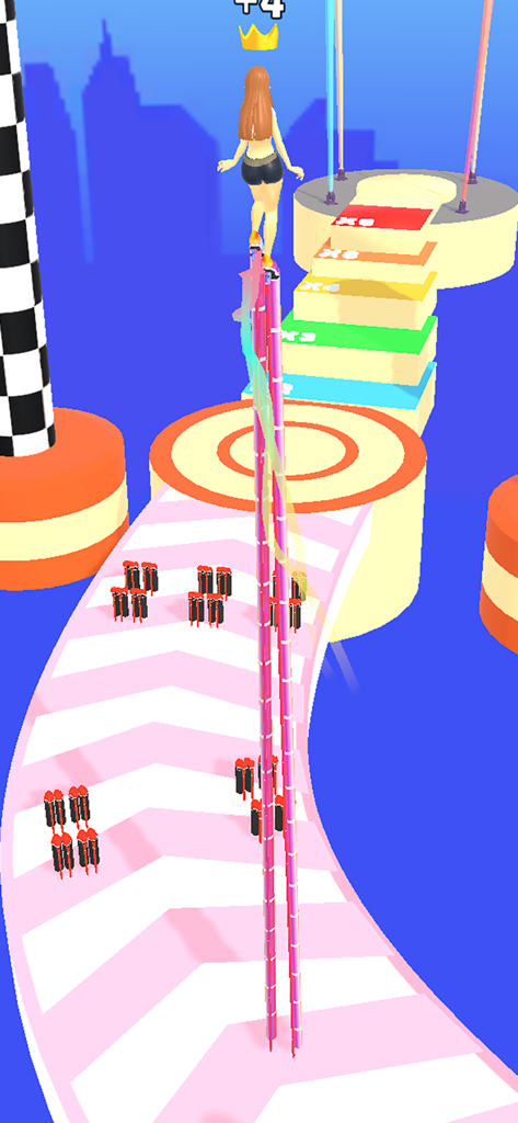 High heels - Running girl game - A female game character walking on extremely tall stacked pink high heels along a runway toward a score multiplier podium