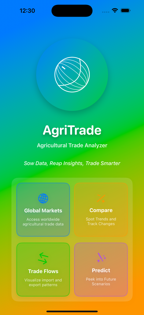 AgriTrade - Main menu of the AgriTrade app showing options for Global Markets Compare Trade Flows and Predict