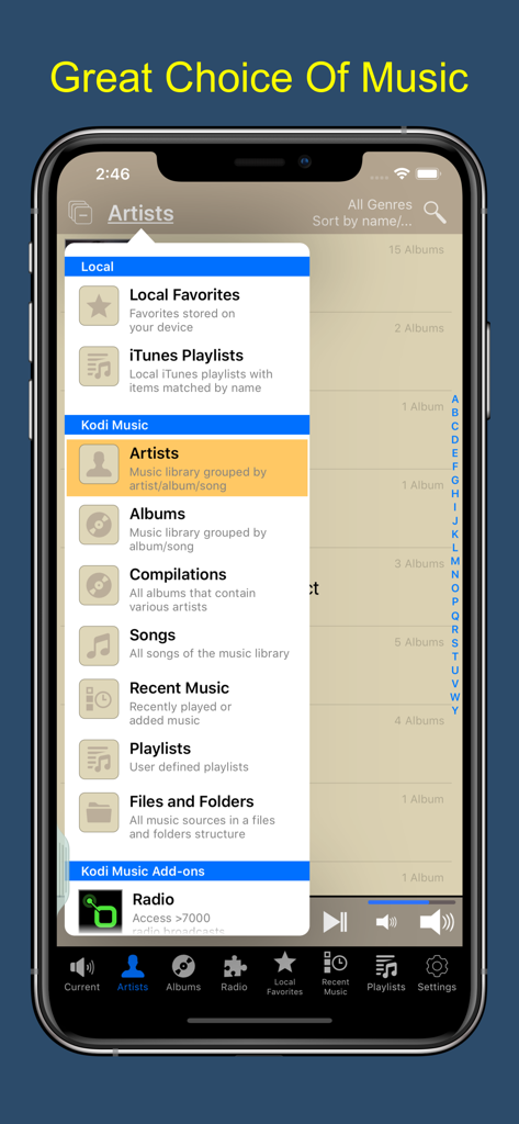Interfaz de la aplicación Music Remote Pro para Kodi mostrando un menú de navegación con opciones de favoritos locales, artistas, álbumes y radio.